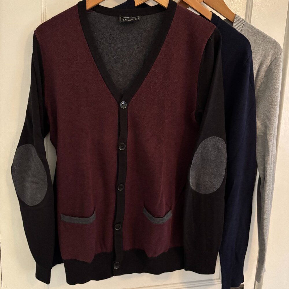 Three Express Men's Cardigans, Size Small, Gray, Navy, Black/Burgundy/Gray